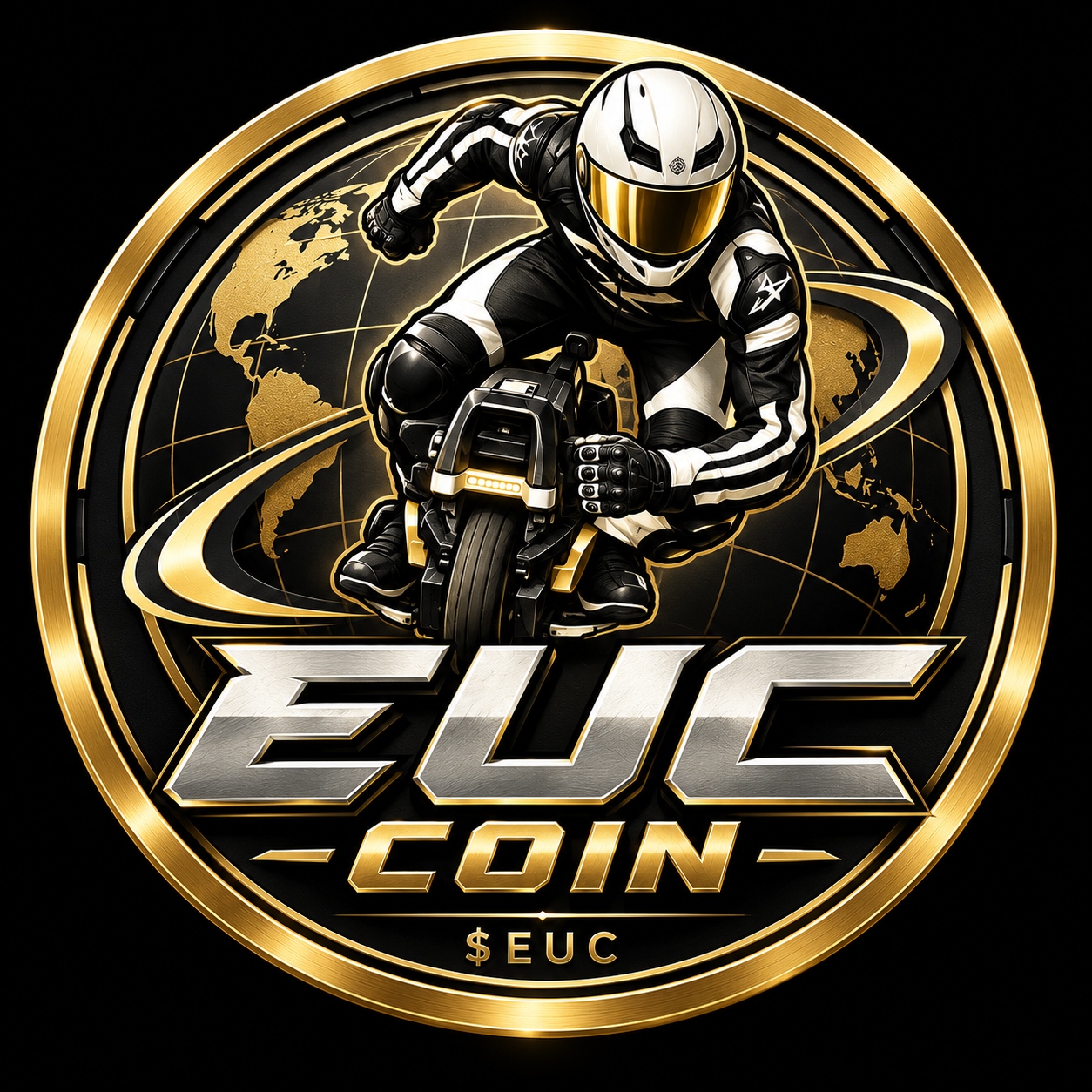 Gold EUC Coin artwork featuring a rider balancing on an electric unicycle